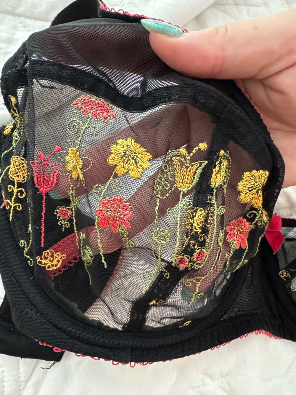 Adore Me Black Sheer Embroidered Bra with Yellow & Pink Floral Detail - Picture 3 of 7